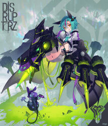  ass ayappe_taicho female floating full_body green_hair hair_between_eyes hair_ornament helena_(phantom_of_the_kill) licking_lips microskirt midriff official_alternate_costume official_art orange_eyes phantom_of_the_kill robot second-party_source skirt sleeves_past_fingers sleeves_past_wrists thighhighs thighs tongue tongue_out 