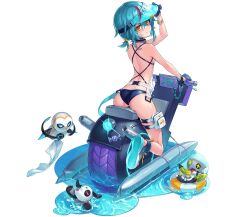  aqua_hair back bikini bikini_bottom_only blue_bikini blue_gloves closed_mouth female from_behind full_body gloves hair_between_eyes hand_on_headwear helena_(phantom_of_the_kill) highres jet_ski looking_at_viewer looking_back ocean official_alternate_costume official_art orange_innertube phantom_of_the_kill simple_background sitting smile swimsuit transparent_background two-tone_innertube visor_cap white_innertube 