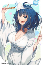  ;d blue_eyes blue_hair breasts cleavage commentary_request dango female food food_on_face ghost_costume highres holding holding_food hong_(white_spider) japanese_clothes kimono large_breasts long_sleeves looking_at_viewer make_heroine_ga_oo_sugiru! medium_hair one_eye_closed open_mouth patreon_username smile solo triangular_headpiece wagashi white_kimono wide_sleeves yanami_anna 