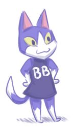  2013 :3 animal_crossing anthro barefoot black_clothing black_shirt black_topwear blue_body blue_fur bottomless cel_shading closed_smile clothed clothing countershade_face countershade_feet countershade_fur countershade_hands countershade_tail countershading digital_media_(artwork) dipstick_tail domestic_cat featureless_feet featureless_hands feet felid feline felis full-length_portrait fur hands_on_hips male mammal markings mouth_closed multicolored_body multicolored_fur nintendo portrait reality_undoer shaded shadow shirt shirt_only simple_background smile solo standing tail tail_markings text text_on_clothing text_on_shirt text_on_topwear three-quarter_view tom_(animal_crossing) topwear topwear_only two_tone_body two_tone_fur white_background white_body white_countershading white_fur yellow_sclera 