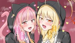  2girls :d animal_hood black_hoodie blonde_hair blush bow bowtie breath cat_hood cat_tail collared_shirt commentary_request halo heart heart_in_eye highres hinata_mashu hira_hikari hood hood_up hoodie long_hair looking_at_viewer medium_hair mesugaki multiple_girls nanashi_inc. noku_(kuno_noko_v) oerba_yun_fang open_mouth orange_eyes orange_halo partially_translated pink_background pink_bow pink_bowtie pink_eyes pink_hair plaid_bow plaid_bowtie plaid_clothes shirt skin_fang smile symbol_in_eye tail translation_request upper_body virtual_youtuber white_shirt yellow_bow yellow_bowtie 