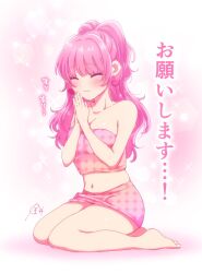  bare_arms bare_legs bare_shoulders barefoot blush breasts cleavage closed_eyes closed_mouth collarbone commentary_request earrings female full_body fuufu_ijou_koibito_miman. heart heart_earrings highres jewelry kanamaru_yuuki long_hair medium_breasts midriff navel own_hands_together pink_background pink_hair pink_skirt pink_tube_top praying seiza signature sitting skirt solo strapless translation_request tube_top watanabe_akari 