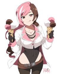  black_gloves black_sweater breasts brown_eyes brown_hair cleavage collarbone cowboy_shot female food gloves heterochromia highres holding holding_food holding_ice_cream ice_cream long_hair long_sleeves looking_at_viewer multicolored_hair neo_politan pink_eyes pink_hair puffy_long_sleeves puffy_sleeves r3dfive rwby simple_background smile solo sweater tongue tongue_out two-tone_hair white_background 