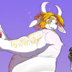  1:1 anthro arm_hair asgore_dreemurr biceps blonde_hair blush body_hair boss_monster_(undertale) bovid caprine chest_hair fur goat hair horn isisgio male mammal musclegut muscular overweight overweight_male pawpads purple_background simple_background solo undertale_(series) white_body white_fur yellow_body yellow_fur 