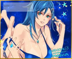  bikini blue_bikini blue_hair breasts collarbone female green_eyes highres jewelry large_breasts long_hair looking_at_viewer maria_traydor mayashtale necklace ring solo star_(sky) star_(symbol) star_ocean star_ocean_anamnesis star_ocean_till_the_end_of_time swimsuit tan tanlines 