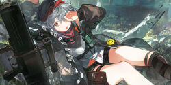  absurdres arm_up assault_rifle bandana black_shorts brown_eyes charm_(object) chinese_commentary commentary_request female g11_(girls&#039;_frontline) girls&#039;_frontline girls&#039;_frontline_2:_exilium grass green_jacket grey_hair gun h&amp;k_g11 highres jacket jingmi looking_at_viewer open_clothes open_jacket open_mouth red_bandana rifle short_hair shorts sitting solo weapon 