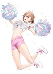  ;d black_ribbon blush breasts brown_eyes brown_hair commentary_request female full_body giuniu hair_ribbon highres holding holding_pom_poms jumping large_breasts legs_up looking_at_viewer midriff navel one_eye_closed open_mouth otoko_girai_na_bijin_shimai_wo_namae_mo_tsugezu_ni_tasuketara_ittai_dounaru? pink_shorts pom_pom_(cheerleading) ribbon second-party_source shinjou_aina_(otomai) shirt short_sleeves shorts simple_background smile socks solo stomach tied_shirt white_background white_footwear white_shirt white_socks 