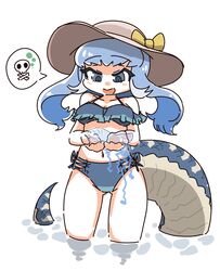  alternate_costume asihire bare_legs bare_shoulders bikini blue_bikini blue_eyes blue_hair blush female hat highres jellyfish kemono_friends komodo_dragon_(kemono_friends) lizard_tail long_hair looking_down midriff multicolored_hair navel reptile_girl skull_and_crossbones sleeveless smile solo spoken_skull sun_hat swimsuit tail two-tone_hair wading 