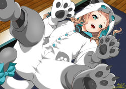  animal_costume animal_ears animal_hands animal_hood blonde_hair blue_eyes blunt_bangs blush braid buttons claws commentary_request cosplay dated dot_nose elle_mel_martha female gloves green_eyes hood kigurumi long_hair looking_to_the_side lying on_back on_floor onesie open_mouth paid_reward_available paw_gloves pocket rollo_(tales) rollo_(tales)_(cosplay) solo tail tales_of_(series) tales_of_xillia tales_of_xillia_2 tokimachi_eisei twintails wooden_floor 