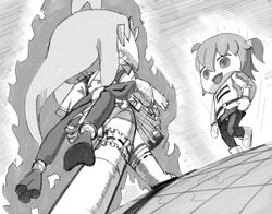  2girls absurdres ahoge animegao aura bad_id bad_twitter_id bridal_garter chaldea_uniform cosplay crossover faceoff fate/grand_order fate_(series) fujimaru_ritsuka_(female) greyscale hand_on_own_hip highres hololive jojo_no_kimyou_na_bouken kigurumi long_hair mascot mascot_costume meme mikodanye monochrome multiple_girls oh?_you&#039;re_approaching_me?_(meme) open_mouth pantyhose parody sakura_miko virtual_youtuber wass_nonnam 