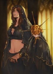  1boy breasts brother_and_sister brown_hair covered_eyes dark_souls_(series) dark_souls_i dark_sun_gwyndolin female large_breasts long_hair midriff otoko_no_ko queen_of_sunlight_gwynevere siblings size_difference tall_female timnehparrot white_hair 