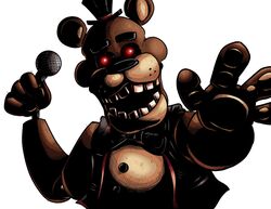  2020 animatronic anthro bear big_bow_tie black_eyebrows black_nose bow_tie brown_body clothed clothing electronics eyebrows fangame fazbear_fanverse five_nights_at_freddy&#039;s five_nights_at_freddy&#039;s_plus freckles freddy_(fnaf) freddy_(fnafplus) glowing glowing_eyes hat headgear headwear hi_res looking_at_viewer machine male mammal microphone multicolored_body not-cucumber open_mouth pawpads paws raised_arm red_eyes robot round_ears scottgames simple_background smile solo standing tan_body teeth top_hat topwear vest white_background 