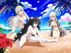  3girls :d :o assisted_stretching bare_shoulders barefoot beach beach_towel beach_umbrella bikini black_eyes black_hair blue_sky blush breasts brown_bikini cheering cleavage cloud commentary cooler day english_commentary falling_petals flower fubuki_(senran_kagura) gekkou_(senran_kagura) grass green_eyes grey_bikini grey_hair groin hair_between_eyes hair_flower hair_ornament hairband hands_on_another&#039;s_back hibiscus horizon jewelry large_breasts lens_flare light_particles long_hair looking_at_another looking_at_viewer mountain multiple_girls navel ocean official_art outdoors palm_leaf palm_tree pentagram petals pink_umbrella plant red_flower sand sandals senkou_(senran_kagura) senran_kagura senran_kagura_new_link shiny_skin shore siblings sidelocks sisters sitting sky smile sparkle star_(symbol) star_hair_ornament stretching sunlight swimsuit tareme third-party_source towel tree tropical tsurime two-tone_umbrella umbrella underboob very_long_hair water waves wavy_hair white_bikini white_lily white_umbrella yaegashi_nan yellow_hairband 