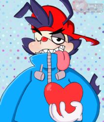  2020 animaniacs animaniacs_(2020) anime-aniacs anthro apple_girl2000 backwards_baseball_cap backwards_hat baseball_cap black_body black_fur clothed clothing crossover fangs fur gloves handwear hat headgear headwear heart_symbol holding_object hulu inkblot male mammal one_eye_closed solo soul_eater soul_evans teeth tongue tongue_out wakko_warner warner_brothers 