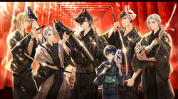  6+boys absurdres azuki_nagamitsu_(touken_ranbu) black_gloves black_hair blonde_hair blue_eyes brown_hair daihannya_nagamitsu_(touken_ranbu) eyepatch fox_mask gloves highres japanese_clothes katana kenshin_kagemitsu kimono kouryuu_kagemitsu male_focus mask mask_on_head multiple_boys multiple_torii ponytail purple_eyes red_eyes shokudaikiri_mitsutada short_sword smile sword tantou torii touken_ranbu unworn_mask weapon white_hair yamanbagiri_chougi yellow_eyes yukata yuuno_(yukioka) 