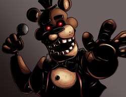  2020 animatronic anthro bear big_bow_tie black_eyebrows black_nose bow_tie brown_background brown_body clothed clothing electronics eyebrows fangame fazbear_fanverse five_nights_at_freddy&#039;s five_nights_at_freddy&#039;s_plus freckles freddy_(fnaf) freddy_(fnafplus) glowing glowing_eyes hat headgear headwear hi_res looking_at_viewer machine male mammal microphone multicolored_body not-cucumber open_mouth pawpads paws raised_arm red_eyes robot round_ears scottgames simple_background smile solo standing tan_body teeth top_hat topwear vest 