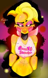  2022 5:8 absurd_res anthro anthrofied apron apron_only avian beak bedroom_eyes big_breasts bird black_sclera blonde_hair blush blush_lines blush_stickers breasts brennan_d_vries clothed clothing digital_media_(artwork) embarrassed english_text expressionless eyelashes eyeshadow female five_nights_at_freddy&#039;s five_nights_at_freddy&#039;s_2 flirting flirting_look flirting_with_viewer glistening glistening_body hair handkerchief hands_behind_head hi_res kerchief looking_at_viewer machine makeup metallic metallic_body mostly_nude narrowed_eyes non-mammal_breasts robot scottgames seductive short_hair signature simple_background solo text toy_chica_(fnaf) yellow_body 