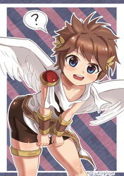  2019 absurd_res angel blue_eyes bottomwear brown_hair clothing feathered_wings feathers hair hi_res humanoid kid_icarus light_body light_skin looking_at_viewer male nintendo not_furry open_mouth open_smile pit_(kid_icarus) question_mark shorts signature simple_background smile solo spandex spandex_shorts speech_bubble tight_bottomwear tight_clothing tight_shorts whinghope winged_humanoid wings young young_humanoid young_male 