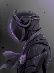  1other ambiguous_gender ascot bondrewd from_side glowing gradient_background grey_background helmet highres made_in_abyss mask monochrome profile purple_theme solo toshizou_(0714) upper_body whistle 