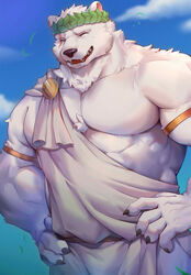  anthro armband bear belt biped black_nose closed_eyes clothed clothing cloud crushfang_(sdorica_sunset) digital_drawing_(artwork) digital_media_(artwork) facial_scar fully_clothed fur gold_(metal) gold_jewelry hands_on_hips hi_res jewelry laurel_wreath luodejun male mammal muscular muscular_anthro muscular_male scar sdorica simple_background sky smile solo toga white_body white_clothing white_fur 