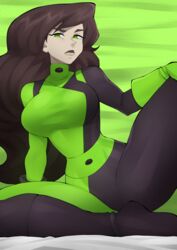  1girls bed black_hair bodysuit clothed disney disney_channel female female_focus female_only flytrapxx fully_clothed green_background green_eyes kim_possible looking_at_viewer pinup pose shego skin_tight skin_tight_outfit skin_tight_suit solo_female 