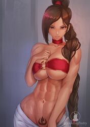  abs artist_name avatar:_the_last_airbender avatar_legends bandeau bare_shoulders braid braided_ponytail breasts brown_eyes brown_hair choker cleavage cowboy_shot female highres impaling_poetry large_breasts long_hair looking_at_viewer midriff navel o-ring o-ring_top pubic_tattoo red_choker single_braid solo tattoo ty_lee very_long_hair 