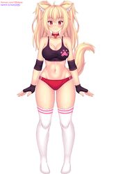  animal_ear_fluff animal_ears ass_visible_through_thighs bare_shoulders bell black_gloves blonde_hair blush breasts buruma cat_ears cat_girl cat_tail cleavage closed_mouth collar collarbone commentary elbow_sleeve female fingerless_gloves full_body gloves highres indie_virtual_youtuber large_breasts long_hair looking_at_viewer midriff navel neck_bell nottytiffy patreon_username paw_print red_buruma red_collar red_eyes sidelocks simple_background sleeveless slit_pupils smile solo standing tail thighhighs thighs tiffy_(nottytiffy) twintails twitch_username virtual_youtuber watermark web_address white_background white_thighhighs 