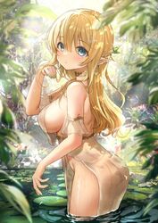  ass back bare_shoulders bathing blonde_hair blue_eyes blurry blurry_foreground braid breasts crescent crescent_earrings dress ear_piercing earrings elf female from_behind green_nails gyozanuko half_up_half_down_braid hand_up highres jewelry lily_pad long_hair looking_at_viewer looking_back mole mole_under_eye nail_polish no_panties original outdoors piercing pointy_ears sideboob solo white_dress 