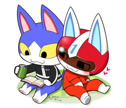  animal_crossing anthro armor blue_body blue_fur blush book chibi domestic_cat duo felid feline felis fur headgear heart_symbol helmet hinako_iroiro kid_cat_(animal_crossing) male male/male mammal nintendo reading superhero tom_(animal_crossing) visor white_body white_fur 