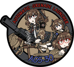  3girls :&gt; :&lt; ags-30 ags-30_(girls&#039;_frontline) black-framed_eyewear blue_eyes blush brown_eyes brown_hair brown_jacket camouflage camouflage_jacket character_name commentary dutchko english_text female_pervert girls&#039;_frontline glasses grenade_launcher hair_ornament jacket long_sleeves looking_at_ass medium_hair miniskirt multiple_girls necktie over-rim_eyewear pervert red-framed_eyewear red_eyes semi-rimless_eyewear side_ponytail skirt twintails weapon weapon_name white_necktie yuri 