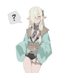  ? black_panties black_pants blonde_hair blush breasts chain_leash chains closed_mouth earrings female green_eyes green_skirt hair_ornament hair_over_one_eye jewelry leash multiple_monochrome nainainainainaiya original panties pants pointy_ears skirt small_breasts spirit underwear wide_sleeves 