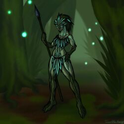  1:1 bioluminescence blue_eyes clothed clothing dryad elemental_creature elemental_humanoid female flora_fauna forest glowing glowing_eyes green_body green_skin green_theme hamokla_(taraelblackwing) hand_on_hip hi_res holding_object holding_weapon humanoid jungle leaf leaf_hair leaf_pubes looking_at_viewer melee_weapon muscular muscular_female navel plant plant_hair plant_humanoid polearm pseudo_hair smile solo spear standing taraelblackwing tree weapon 