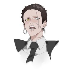  1boy black_necktie brown_hair buzz_cut copyright_request cropped_shoulders earrings formal jewelry looking_down looking_to_the_side male_focus nainainainainaiya necktie open_mouth original scar scar_across_eye short_hair solo suit very_short_hair yellow_eyes 