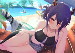  2girls alternate_costume amiya_(arknights) animal_ears arknights bare_shoulders beach bikini black_bikini blue_eyes blue_hair breasts brown_hair castle-3_(arknights) castle-3_(sum019.ver)_(arknights) ch&#039;en_(arknights) chair cocoablue23 collarbone day dragon_horns dragon_tail female_tourist_c_(arknights) hair_between_eyes highres horns long_hair looking_at_viewer lounge_chair lying medium_breasts micro_shorts multiple_girls navel official_alternate_costume on_side outdoors rabbit_ears red_eyes robot shorts sidelocks stomach swimsuit tail thighs 