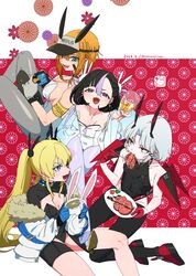  4girls animal_ears armor bandaid bandaid_on_cheek bandaid_on_face black_hair black_leotard blonde_hair blue_eyes blush breasts chinese_zodiac cleavage cup dated drake_(nikke) earrings eating fake_animal_ears food fur_trim gloves goddess_of_victory:_nikke grey_hair hair_ornament highres holding holding_cup jewelry laplace_(nikke) large_breasts leotard long_hair maxwell_(nikke) multicolored_hair multiple_girls new_year nikumanman oerba_yun_fang open_mouth orange_hair pantyhose plate purple_eyes purple_hair rabbit_hair_ornament red_eyes red_gloves short_hair sitting skin_fang small_breasts streaked_hair syuen_(nikke) twintails twitter_username visor_cap white_leotard year_of_the_rabbit 