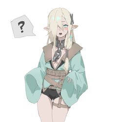  ? blush breasts chain_leash chains earrings female hair_ornament hair_over_one_eye hairpin jewelry leash multiple_monochrome nainainainainaiya open_mouth original pointy_ears small_breasts spirit white_background wide_sleeves 