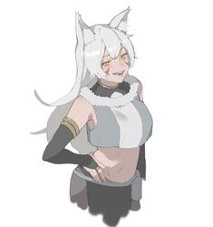  animal_ears black_gloves breasts chinese_commentary commentary crop_top cropped_torso elbow_gloves female fur_trim gloves hand_on_own_hip highres large_breasts nainainainainaiya navel original sharp_teeth solo stomach teeth white_background white_hair yellow_eyes 