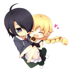  1boy ^_^ ahoge araragi_koyomi black_eyes black_hair blonde_hair blush braid chibi closed_eyes commentary_request doughnut female food hair_over_one_eye heart kabukimonogatari kouji_(campus_life) long_hair monogatari_(series) open_mouth oshino_shinobu photoshop_(medium) short_hair simple_background white_background 