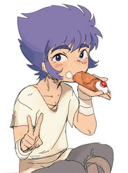  1boy aged_down bad_id bad_pixiv_id blue_eyes blue_hair cancer_death_mask cannoli cream cream_on_face eating food food_on_face indian_style lolicon looking_at_viewer male_focus nemu_(nora) photoshop_(medium) saint_seiya sitting solo v 