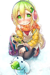  backpack bag banana_(kuromaru9) banana_hair_ornament blonde_hair blush boots breath camera commentary_request earmuffs female food-themed_hair_ornament gradient_hair green_eyes green_hair hair_ornament hairclip highres kuromaru9 multicolored_hair orange_scarf original photoshop_(medium) scarf smile snot snow snowman solo squatting sweater thighhighs winter 