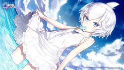  ahoge azur_lane blue_sky capriccio clothes_lift cloud cloudy_sky collarbone commentary_request copyright_name dress dress_lift female food grey_eyes hair_between_eyes highres horizon lifting_own_clothes logo looking_at_viewer mouth_hold ocean official_art outdoors popsicle popsicle_stick short_hair sidelocks sky solo u-110_(azur_lane) wading white_dress white_hair 