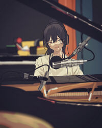  absurdres black_hair blurry blurry_background blurry_foreground commentary_request depth_of_field female grand_piano headphones highres idolmaster idolmaster_shiny_colors indoors instrument looking_away microphone music piano playing_instrument ponytail pop_filter recording recording_studio shirase_sakuya shirt singing solo soutou_nagi upper_body white_shirt 