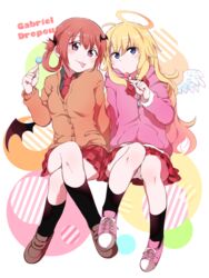  2girls :3 :p angel angel_and_devil angel_wings bat_hair_ornament blonde_hair blue_eyes bow bowtie brown_cardigan brown_footwear candy cardigan copyright_name crossed_legs demon_wings feathered_wings food gabriel_dropout gabriel_tenma_white hair_ornament hair_ribbon hair_rings halo hana_(h6n6_matsu) highres hood hood_down hooded_jacket jacket knees_together_feet_apart loafers lollipop long_hair looking_at_viewer multiple_girls necktie pink_footwear pink_jacket plaid plaid_skirt red_bow red_bowtie red_eyes red_hair red_necktie red_skirt ribbon satanichia_kurumizawa_mcdowell shoes side-by-side sitting skirt sneakers socks tongue tongue_out track_jacket traditional_halo wings 