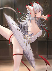  alternate_costume arabesque_(pose) arknights arm_strap arm_up armpits ballerina ballet barre breasts closed_mouth dress female finger_cots from_side grey_hair highres horns long_hair looking_at_viewer medium_breasts pantyhose ru_zhai solo standing standing_on_one_leg thighs tutu w_(arknights) white_dress white_pantyhose yellow_eyes 