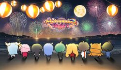  1other 2boys 6+girls animal_ears animal_print black_hair blue_hair chibi cowlick double_bun elira_pendora fireworks from_behind green_hair hair_bun head_wings highres long_hair min_suha multiple_boys multiple_girls nara_haramaung night night_sky nijisanji nijisanji_en nijisanji_id nijisanji_kr nishizono_chigusa orange_hair petra_gurin pink_hair reza_avanluna rosemi_lovelock ryuushen seffyna seffyna_(artist) short_hair sky striped_hair tiger_ears tiger_girl tiger_print virtual_youtuber water wings 