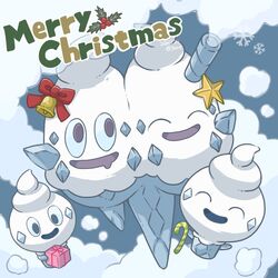  30re bell box candy candy_cane christmas closed_eyes commentary_request drooling food gift gift_box holding holding_gift merry_christmas mouth_drool no_humans open_mouth pokemon pokemon_(creature) red_ribbon ribbon smile snowflakes tongue vanillite vanilluxe 