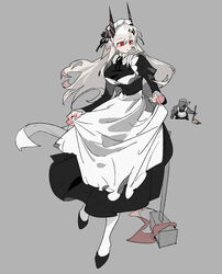  1other ? absurdres alternate_costume arknights black_dress broom chinese_commentary closed_mouth commentary_request demon_horns dress enmaided female full_body golem grey_background hair_between_eyes hammer highres holding holding_broom horns ling_s long_dress long_hair long_sleeves maid maid_headdress mudrock_(arknights) mudrock_colossus_(arknights) pantyhose pointy_ears red_eyes simple_background skirt_hold white_hair white_pantyhose 