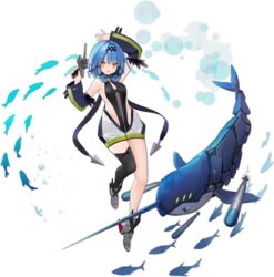  arm_behind_head azur_lane black_one-piece_swimsuit black_thighhighs blue_hair breasts detached_sleeves female gun highres holding holding_gun holding_weapon medium_hair narwhal nautilus_(azur_lane) non-humanoid_robot official_art one-piece_swimsuit robot robot_animal rudder_footwear science_fiction single_thighhigh skin_tight small_breasts solo suisai_(suisao) swimsuit thighhighs torpedo transparent_background underwater weapon yellow_eyes 