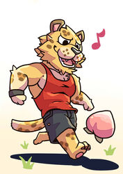  animal_crossing anthro bottomwear clothed clothing dark-dusk dark4202n dark_tatsuka felid food fruit fur grass hi_res leonardo_(animal_crossing) leopard male mammal markings musical_note nintendo pantherine pawpads peach_(fruit) pink_pawpads plant red_clothing red_shirt red_topwear shirt shorts simple_background solo spots spotted_body spotted_fur tank_top topwear white_background wristband 