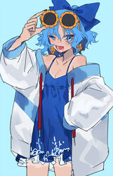  adjusting_eyewear alternate_costume arm_up bad_id bad_twitter_id baggy_clothes bare_shoulders black_nails blue_background blue_bow blue_dress blue_eyes blue_hair blue_theme blush bow breasts cirno cleavage commentary_request cowboy_shot drawstring dress earrings eyes_visible_through_hair eyewear_on_head female flower_earrings flower_ornament frilled_dress frills hairbow hand_on_eyewear hand_on_headwear hand_on_own_hip highres jacket jewelry long_sleeves looking_at_viewer marimo_tarou no_wings novelty_glasses oerba_yun_fang off_shoulder one_eye_closed open_mouth orange-framed_eyewear pinafore_dress round_eyewear short_dress short_hair simple_background sleeveless sleeveless_dress smile solo spaghetti_strap sundress sunglasses tan tanlines tanned_cirno touhou track_jacket 